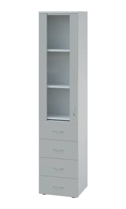 LE - 44 skříň léková prosklená, levá, korpus bílý, dvířka šedá